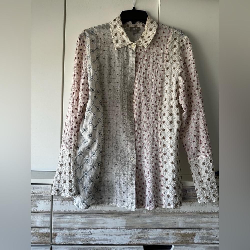 🌸 J. Jill Embroidered Blouse L Boho Button Front Top